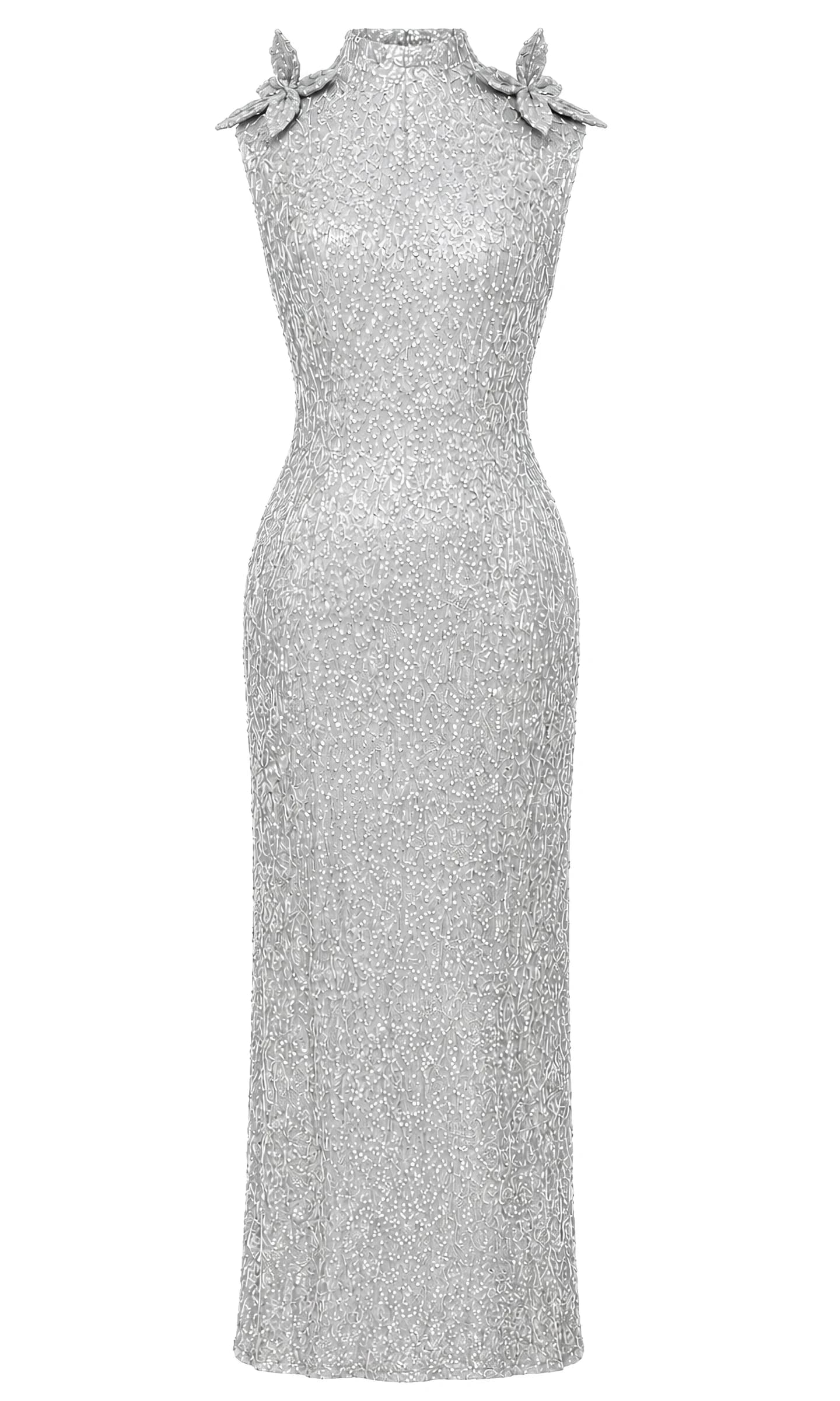 Silver Embellished Floral Shoulder Gown