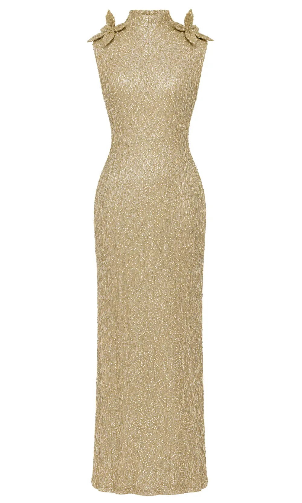The Joie Couture limited-edition gold sequin high-neck column gown, photographed from the front
