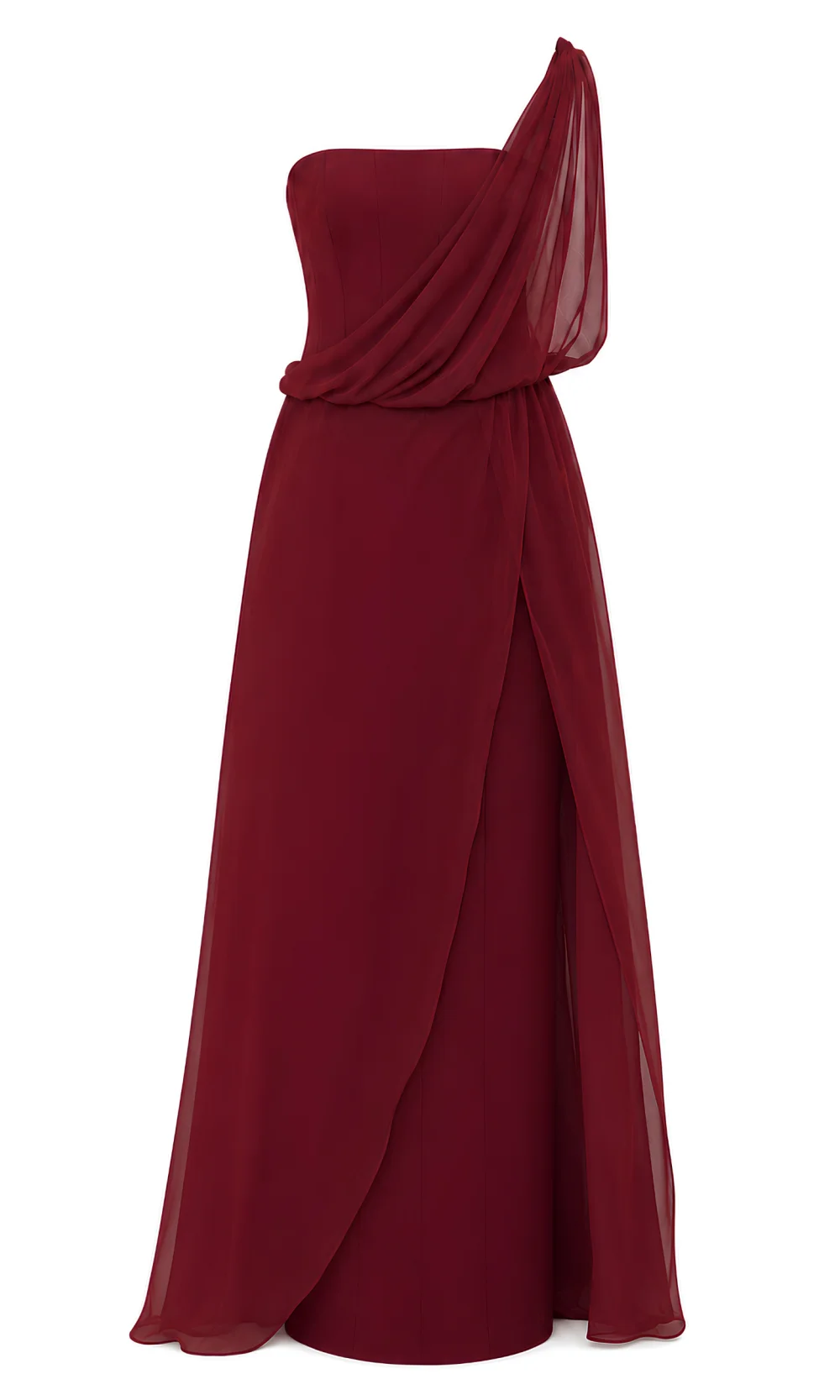 The Joie Couture burgundy one-shoulder gown with a draped chiffon sash, photographed from the front